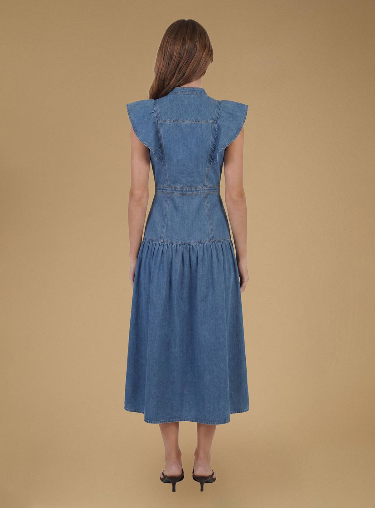 OASIS Ruffle Denim Midi Dress Mid Denim 10 - Image 2